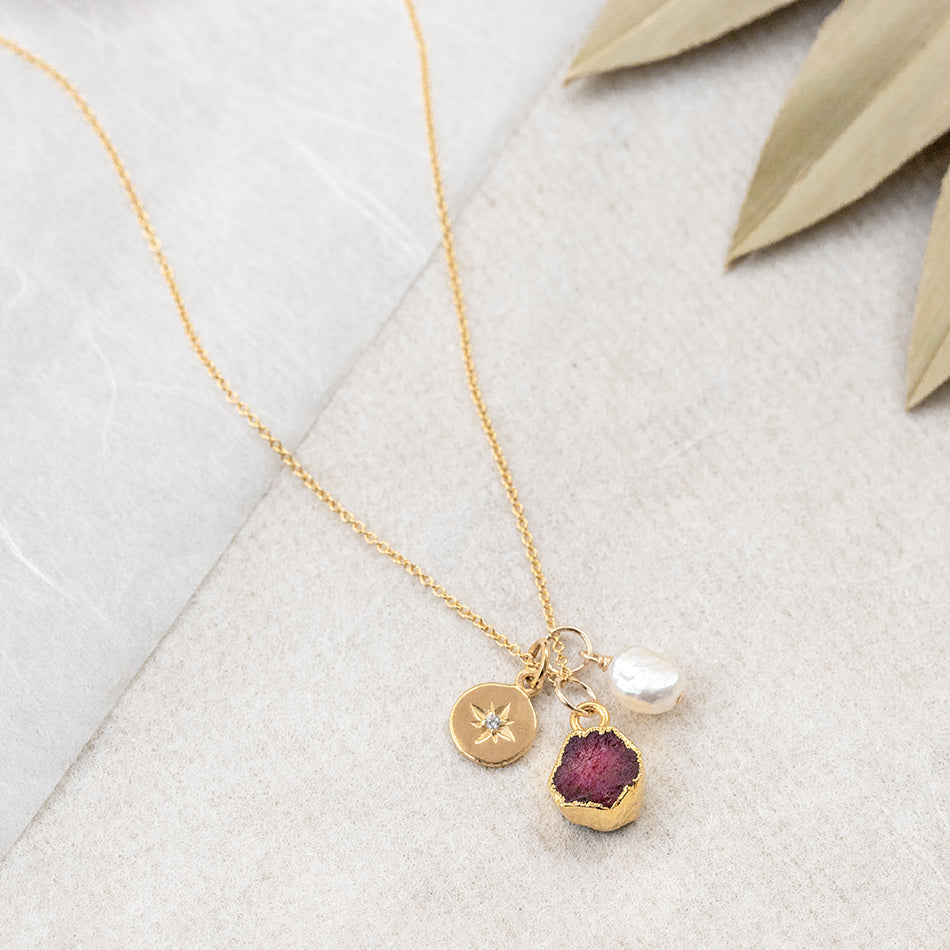 July Birthstone Necklace Ruby Gemstone with Baroque Pearl and