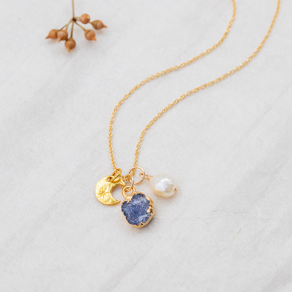 Tanzanite Crescent Moon Charm Necklace - December Birthstone - Djuna Studios