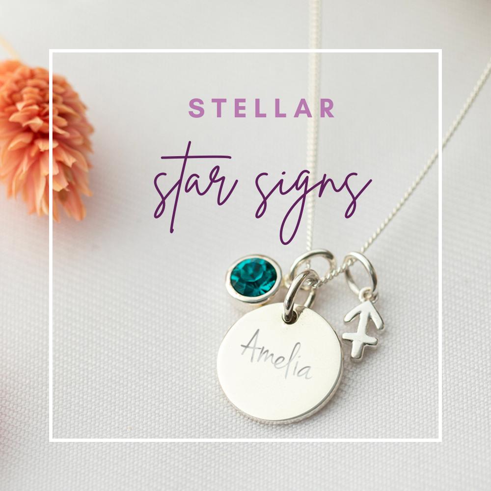 personalised birthstone jewellery collection with zodiac charms to match your star sign