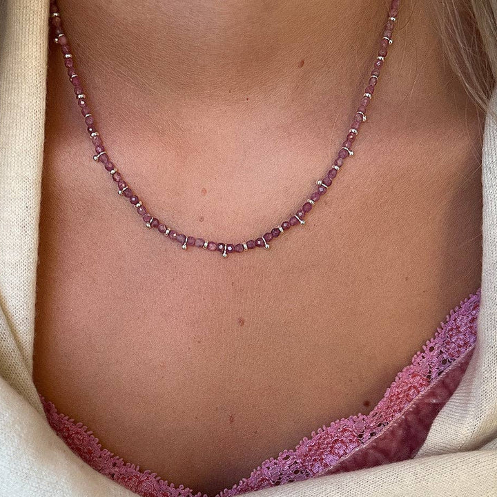 Pink Tourmaline Beaded Necklace – Gold Accent Crystal Necklace