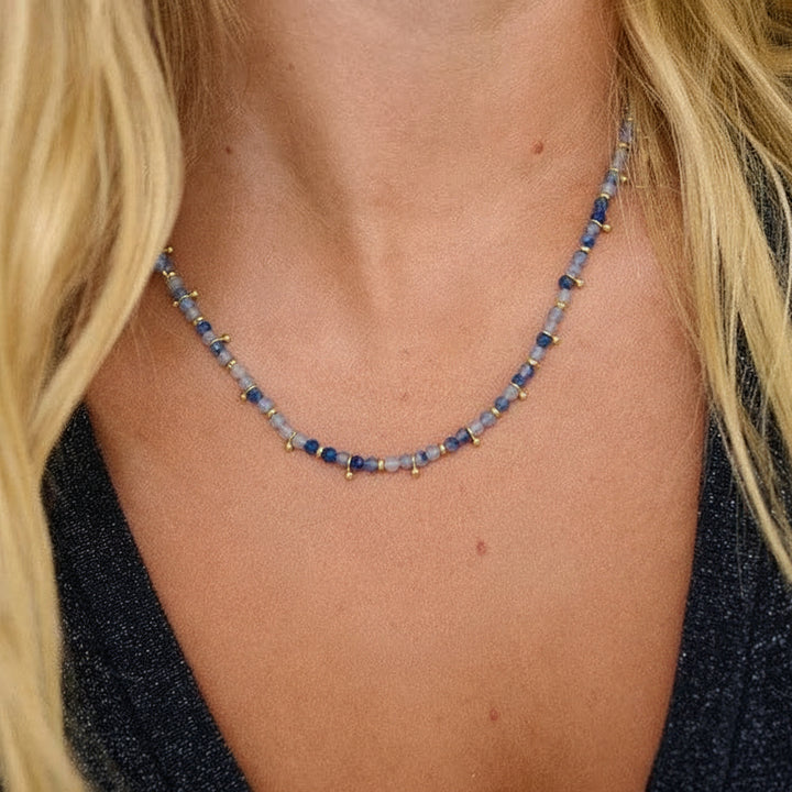 Blue Aventurine Beaded Necklace – Gold Accent Crystal Necklace
