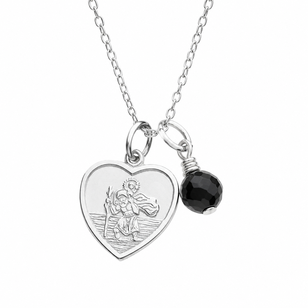 St Christopher & Black Tourmaline Protection Necklace - Heart St Christopher Pendant