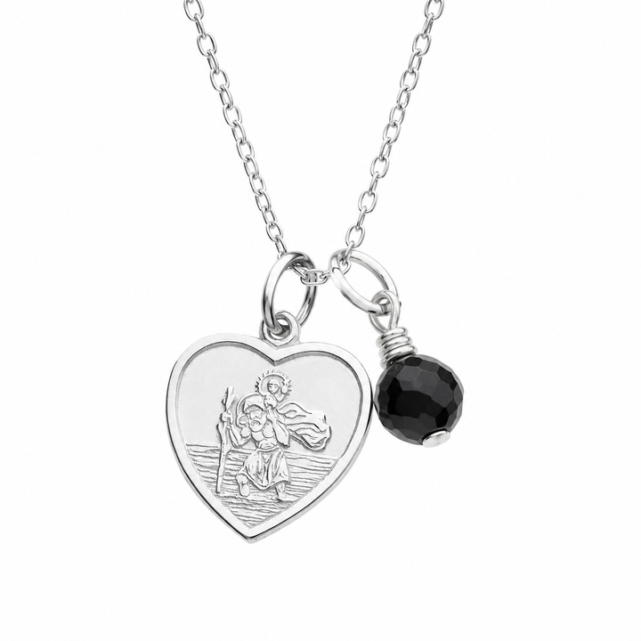 St Christopher & Black Tourmaline Protection Necklace - Heart St Christopher Pendant