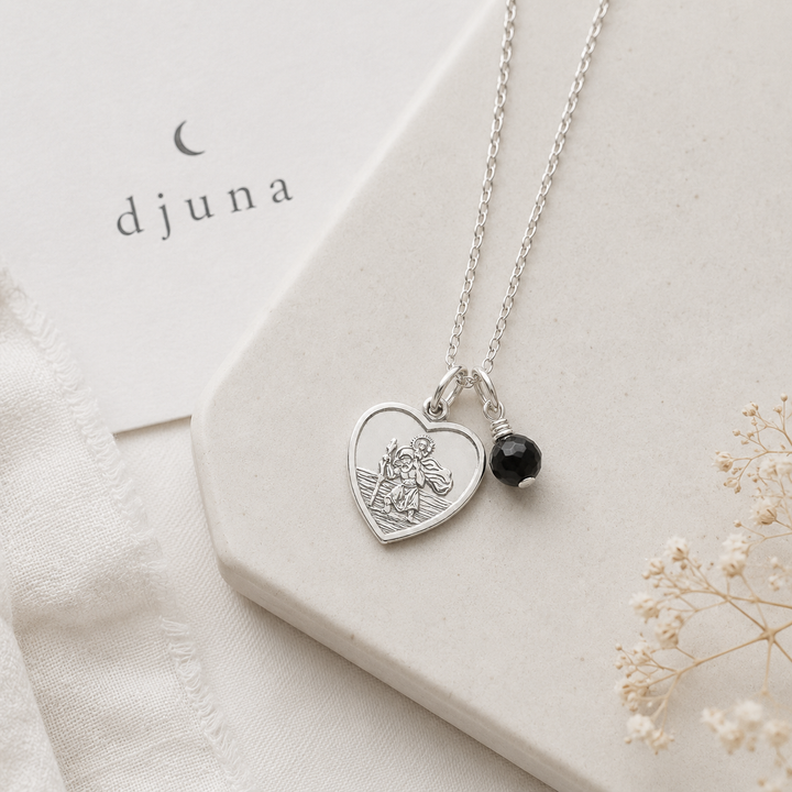 St Christopher & Black Tourmaline Protection Necklace - Heart St Christopher Pendant