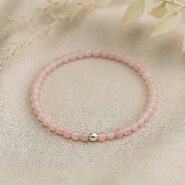 Rose Quartz Crystal Gemstone Bracelet – 4mm Beads with Sterling Silver Accent