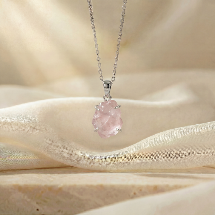 Raw Rose Quartz Sterling Silver Necklace – 16"