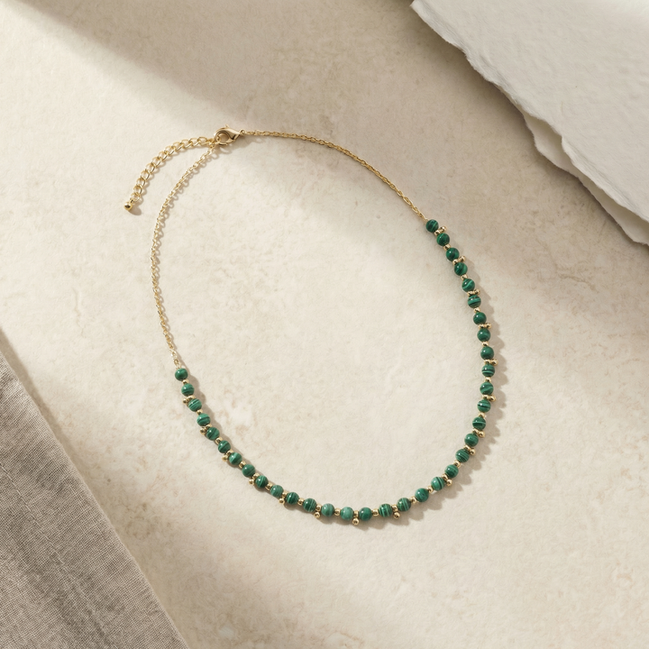 Malachite Beaded Necklace – Gold Accent Crystal Necklace for Transformation