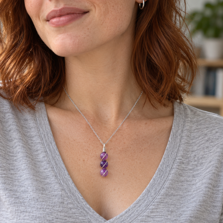 Amethyst Necklace – Triple Gemstone Wire-Wrapped Pendant