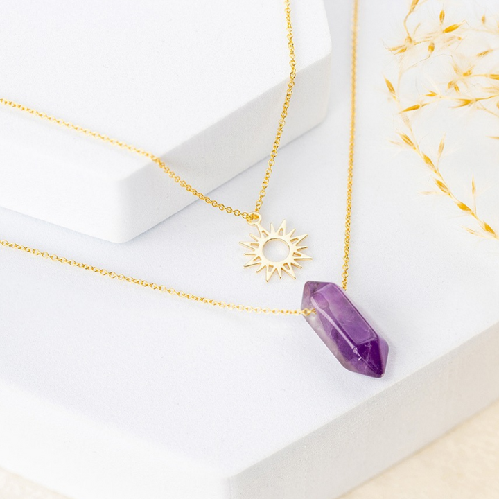 Gold Sun & Genuine Amethyst Layered Necklace | 18K Gold Plated