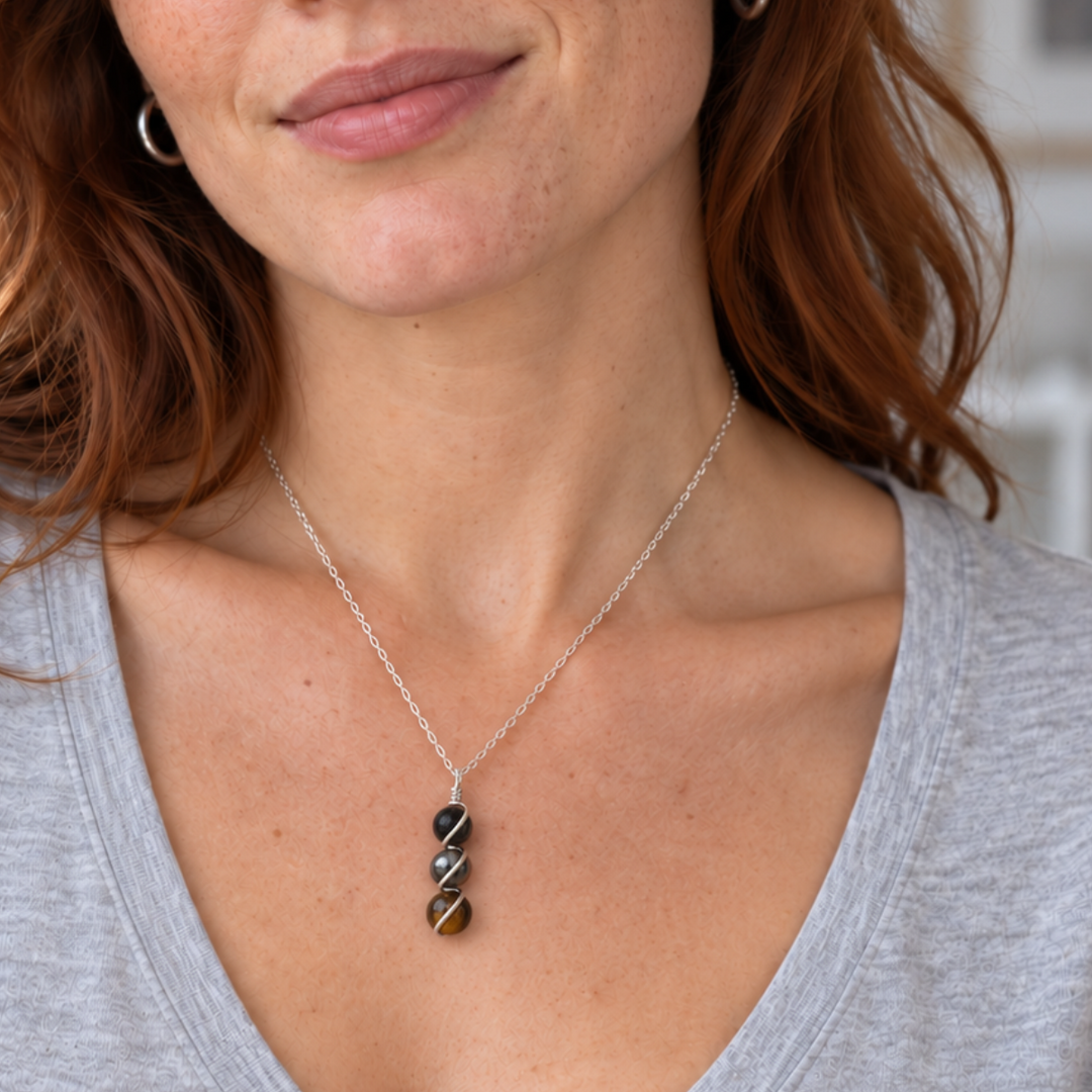 Protection Necklace – Triple Gemstone Wire-Wrapped Pendant