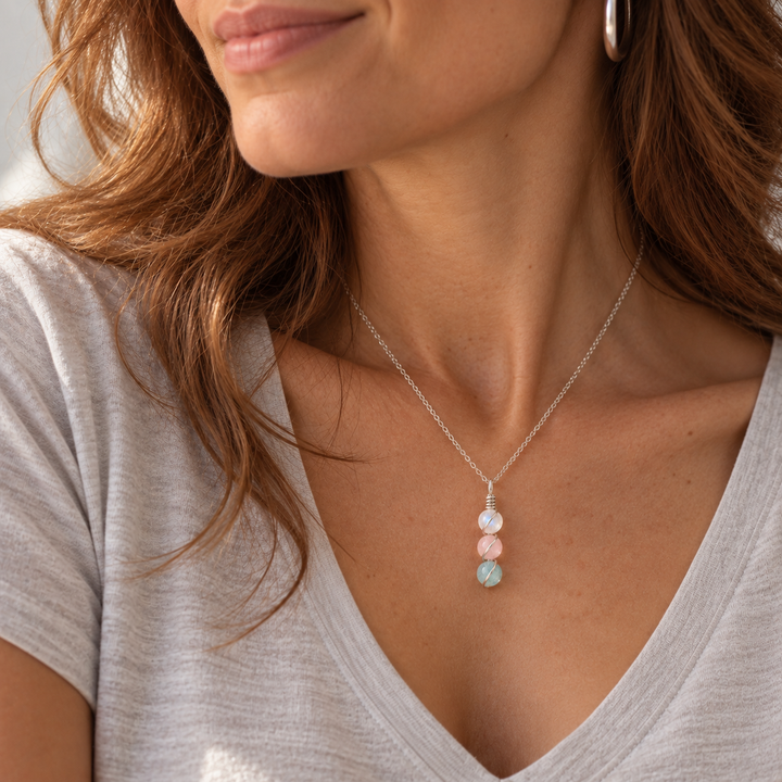 Calm Necklace – Triple Gemstone Wire-Wrapped Pendant