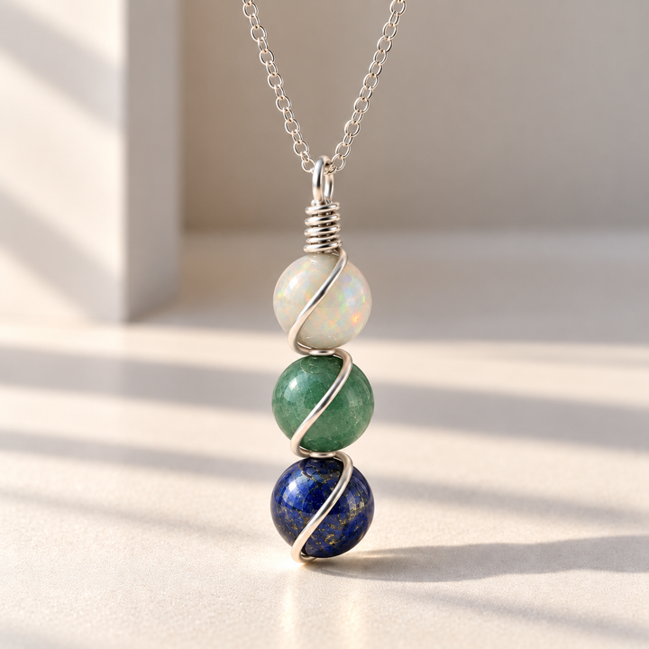 Libra Birthstone Necklace – Triple Gemstone Wire-Wrapped Pendant
