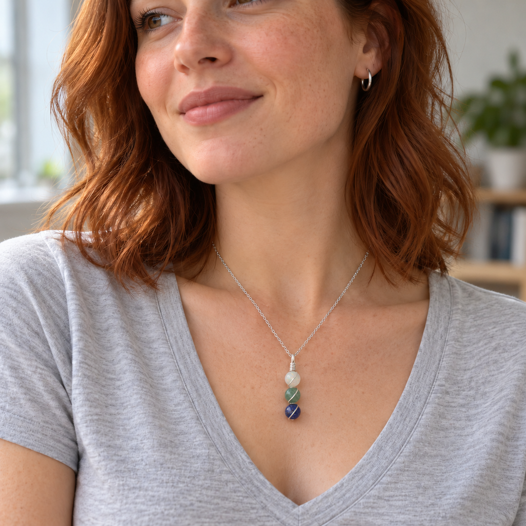 Libra Birthstone Necklace – Triple Gemstone Wire-Wrapped Pendant