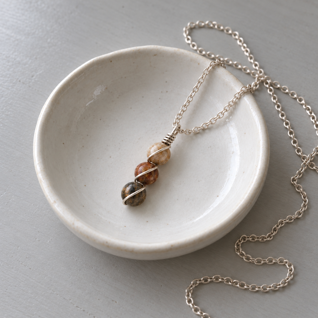 Petrified Wood Necklace – Triple Gemstone Wire-Wrapped Pendant