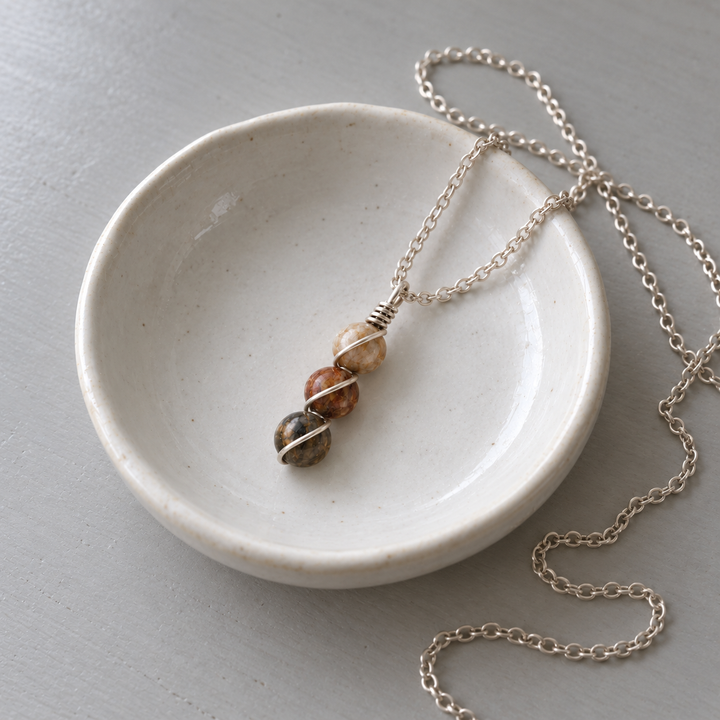 Petrified Wood Necklace – Triple Gemstone Wire-Wrapped Pendant