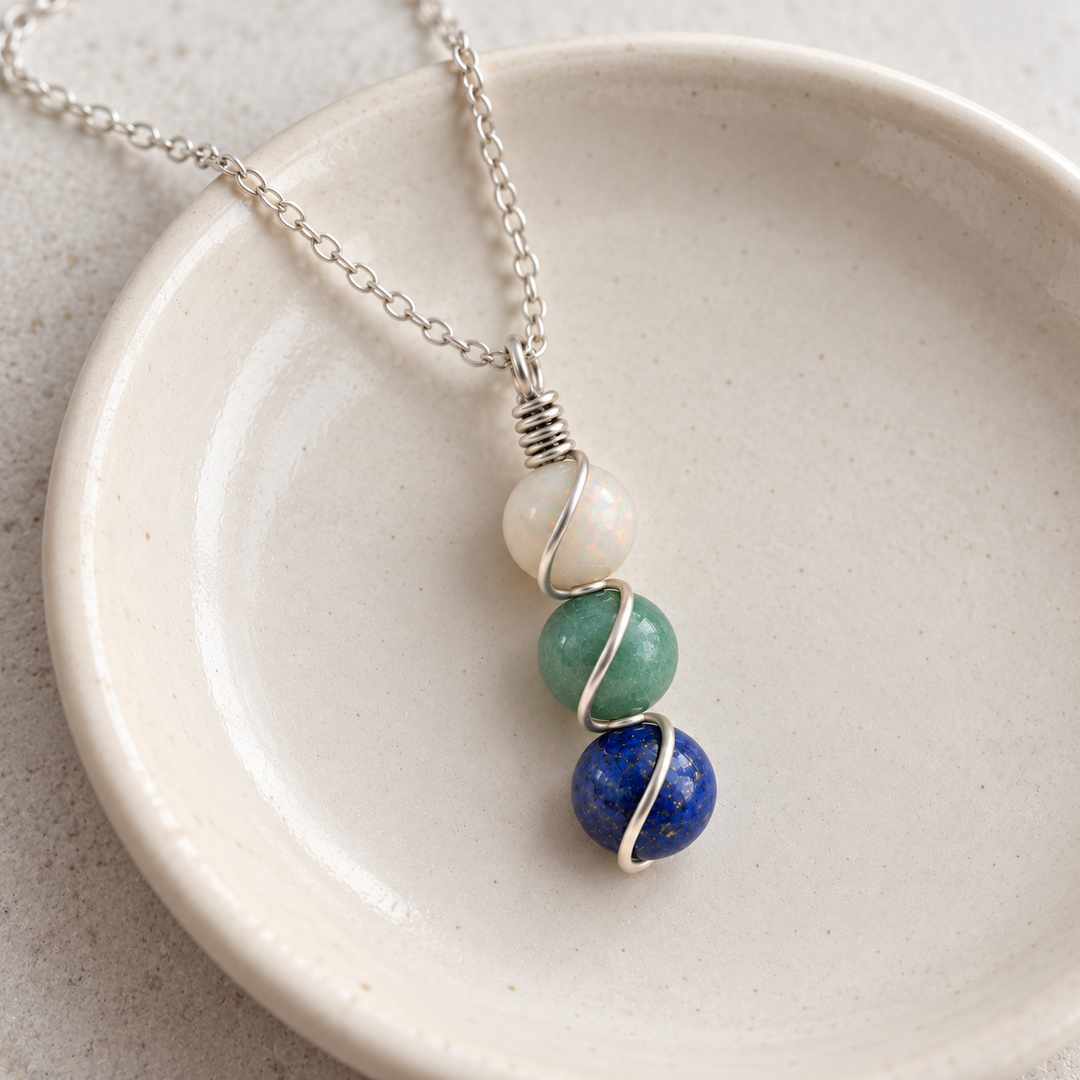 Libra Birthstone Necklace – Triple Gemstone Wire-Wrapped Pendant