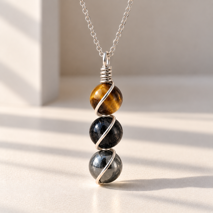 Protection Necklace – Triple Gemstone Wire-Wrapped Pendant