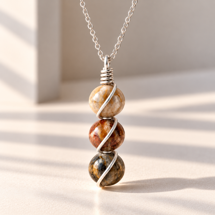 Petrified Wood Necklace – Triple Gemstone Wire-Wrapped Pendant