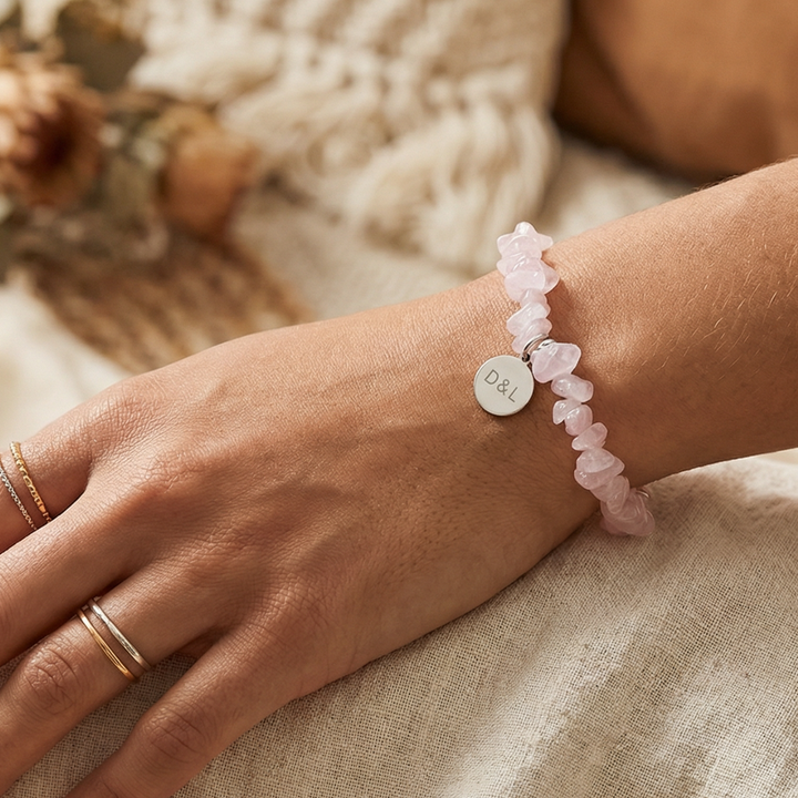 Personalised Rose Quartz Crystal Chip Bracelet with Engraved Charm