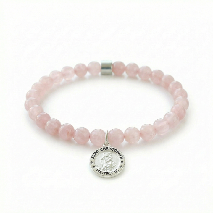 Rose Quartz & Sterling Silver Saint Christopher Bracelet