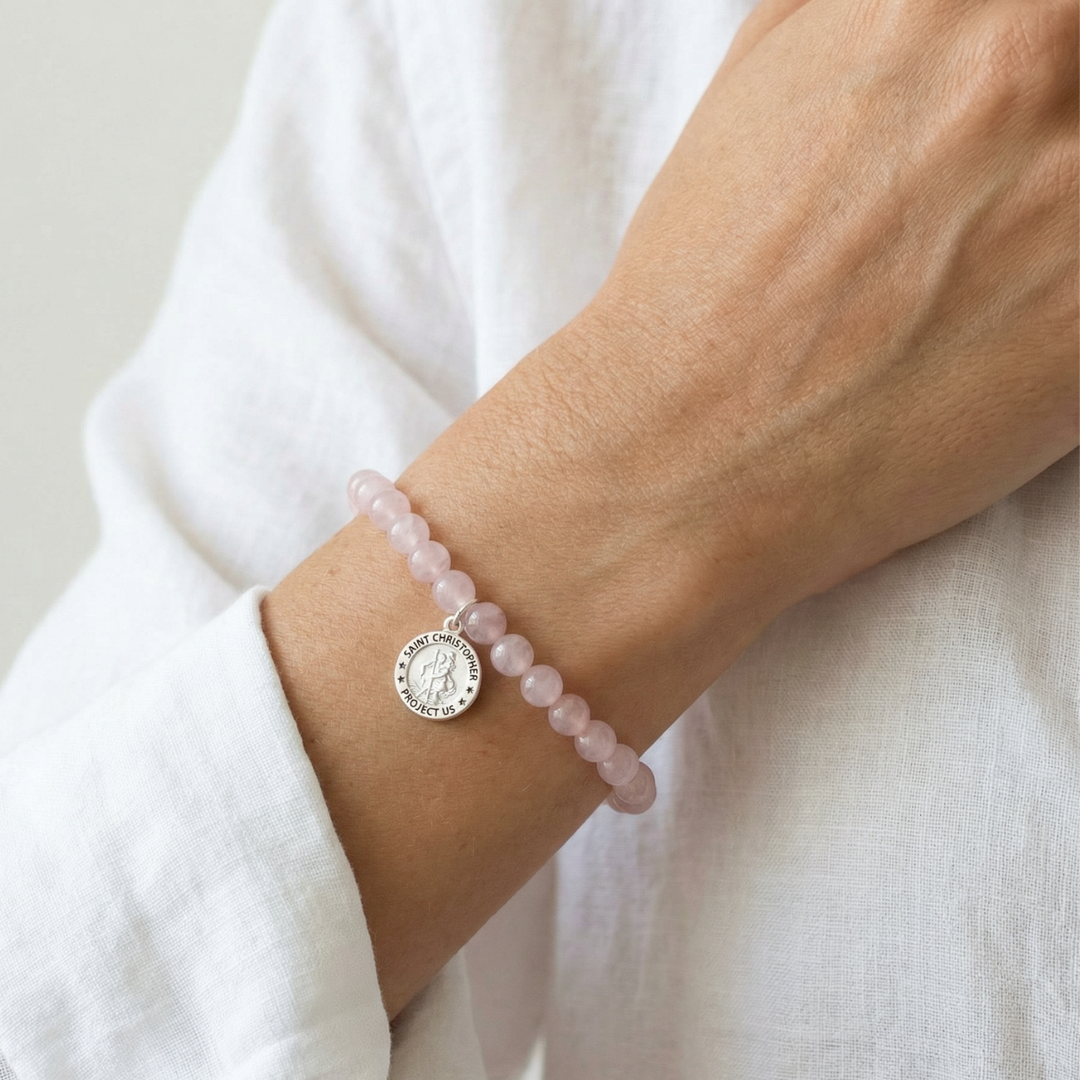 Rose Quartz & Sterling Silver Saint Christopher Bracelet