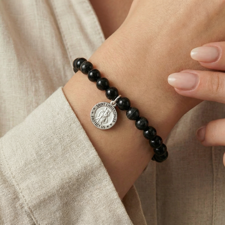 Black Tourmaline & Sterling Silver Saint Christopher Bracelet