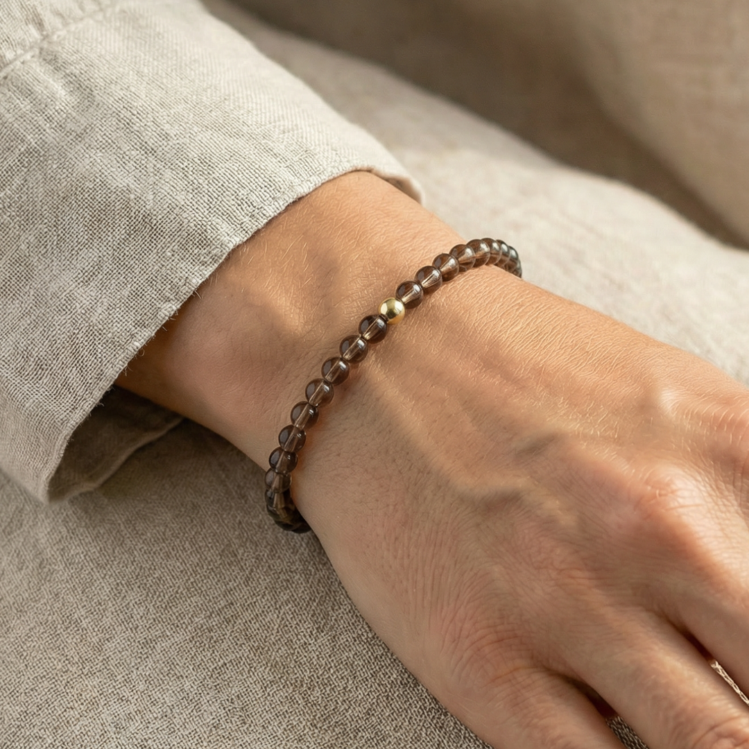 Smoky Quartz Gemstone Bracelet – 4mm Beads with Sterling Silver Accent