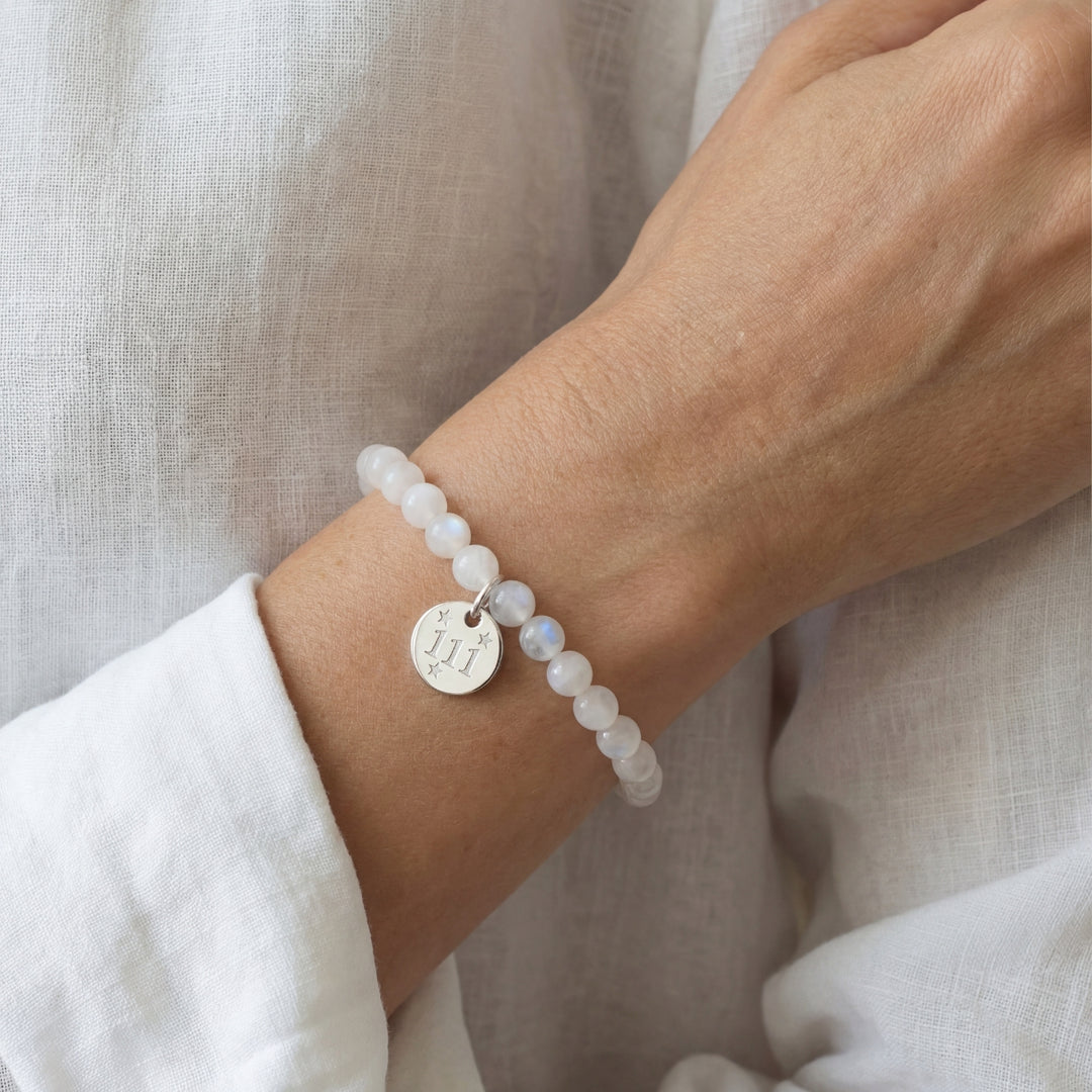 Angel Number 111 Rainbow Moonstone – Sterling Silver Charm