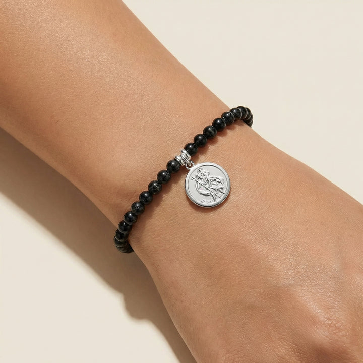 Black Tourmaline & Sterling Silver Saint Christopher Bracelet