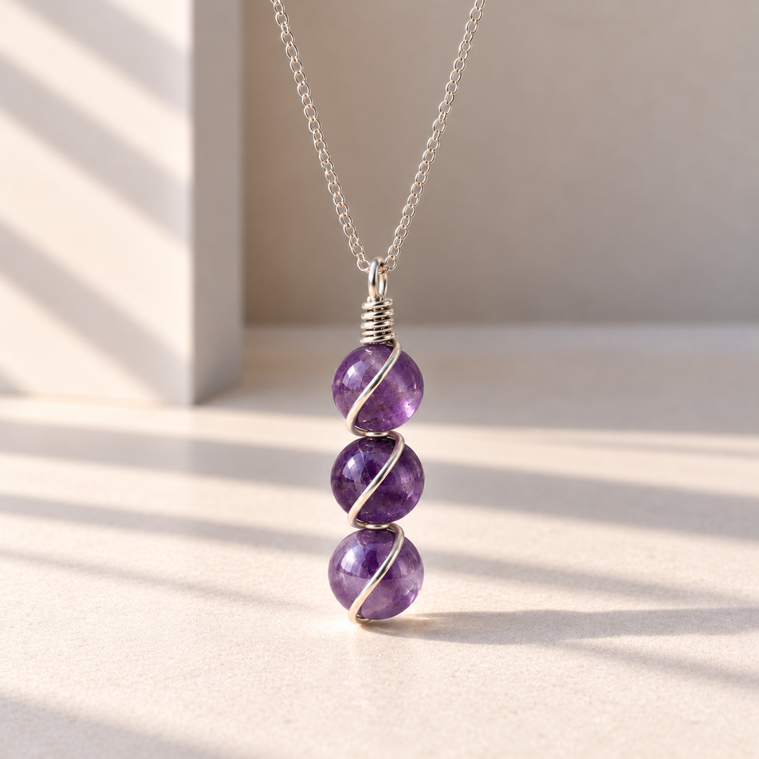 Amethyst Necklace – Triple Gemstone Wire-Wrapped Pendant