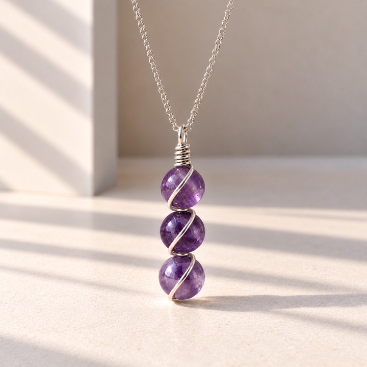 Amethyst Necklace – Triple Gemstone Wire-Wrapped Pendant