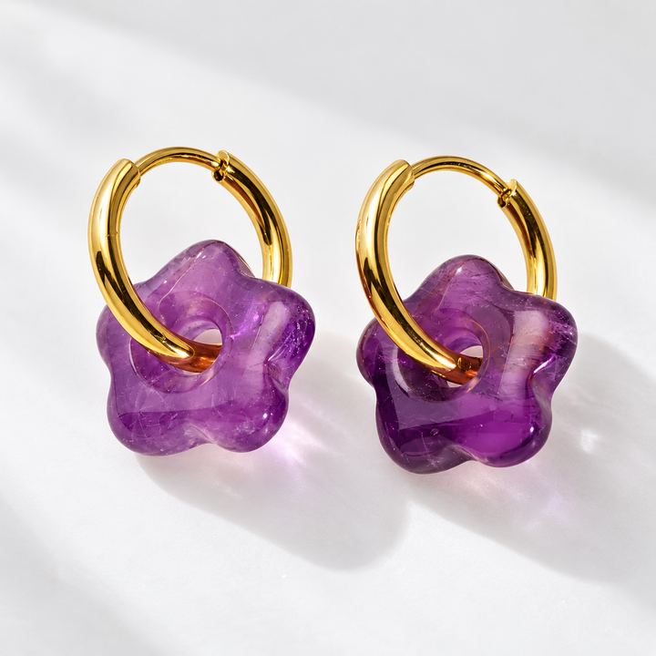 Amethyst Earrings - Gemstone Flower Huggies