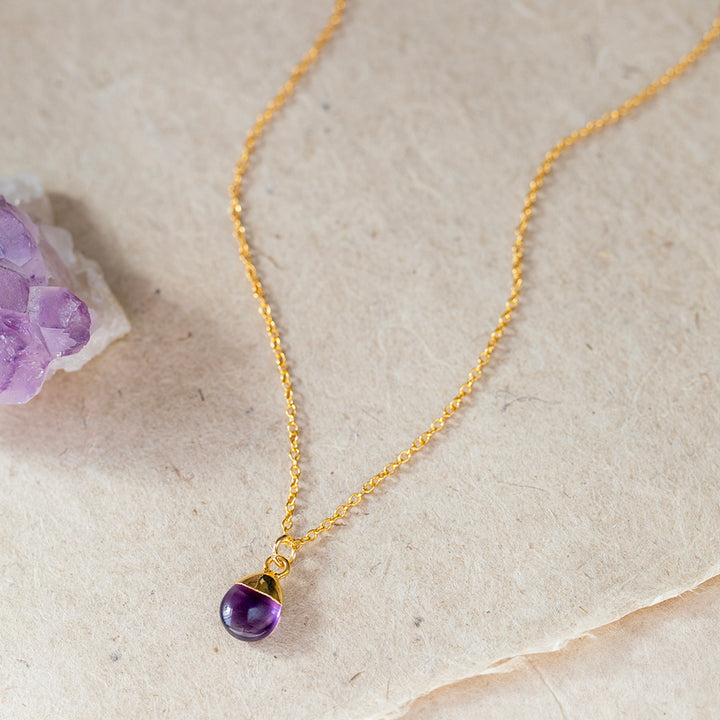 Amethyst Necklace – Tumbled Teardrop Pendant – Gold Dipped Gift for Mama