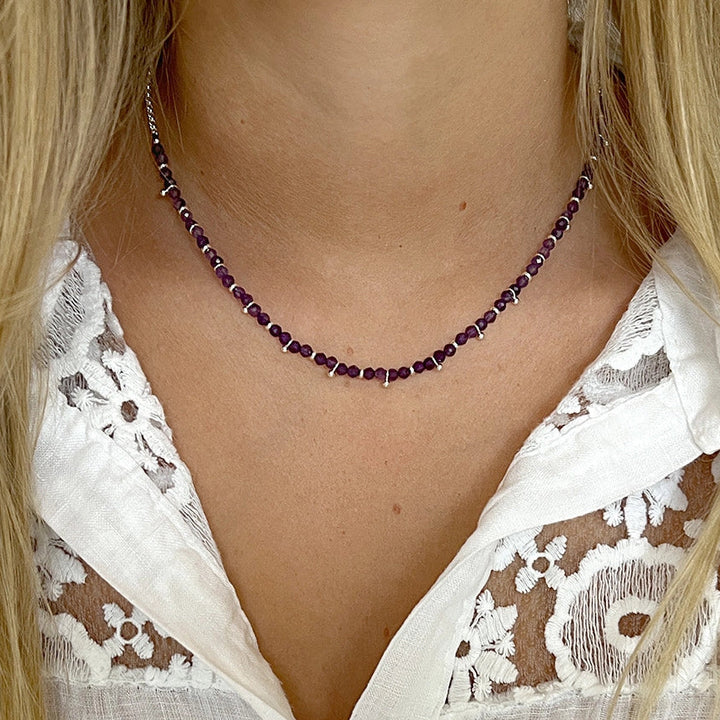Amethyst Beaded Necklace – Silver Accent Crystal Necklace for Clarity