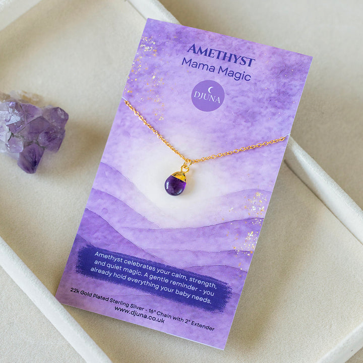 Amethyst Necklace – Tumbled Teardrop Pendant – Gold Dipped Gift for Mama