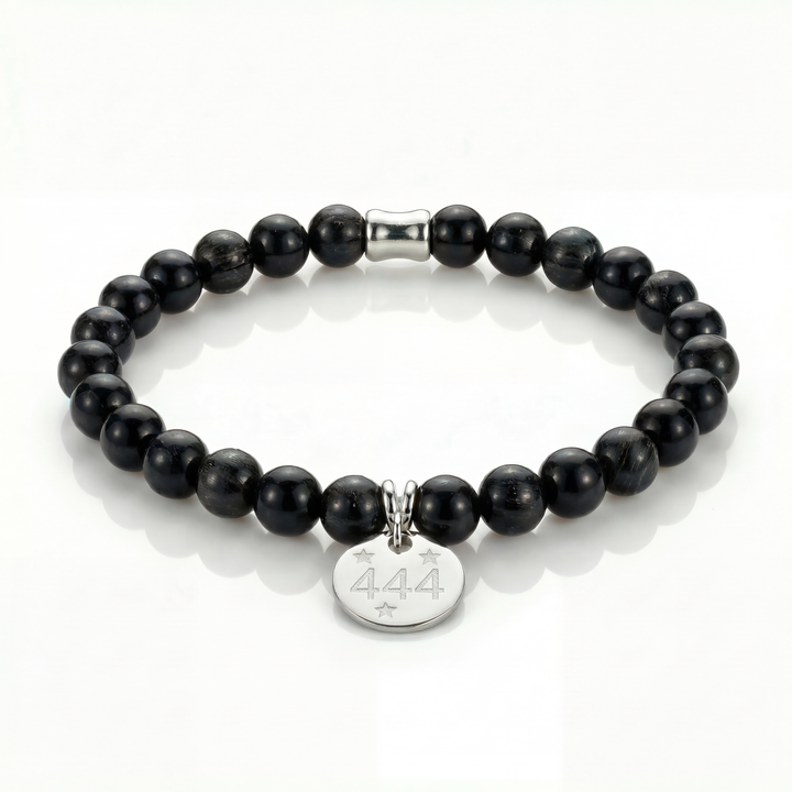 Angel Number 444 Black Tourmaline Bracelet – Sterling Silver Charm
