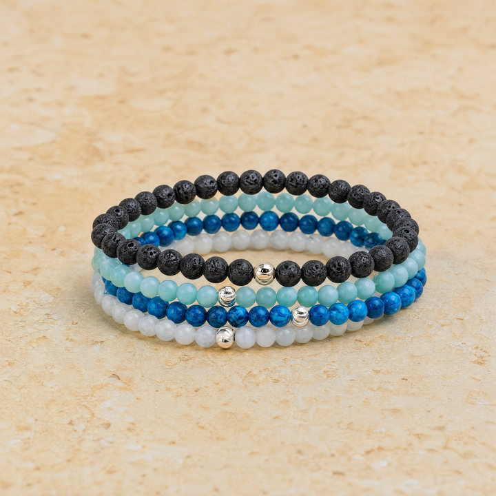 Atlantic Stack with Rainbow Moonstone & Blue Aquamarine