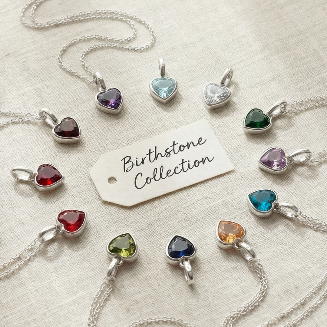 Sterling Silver Initial Necklace with Heart Birthstone Charm