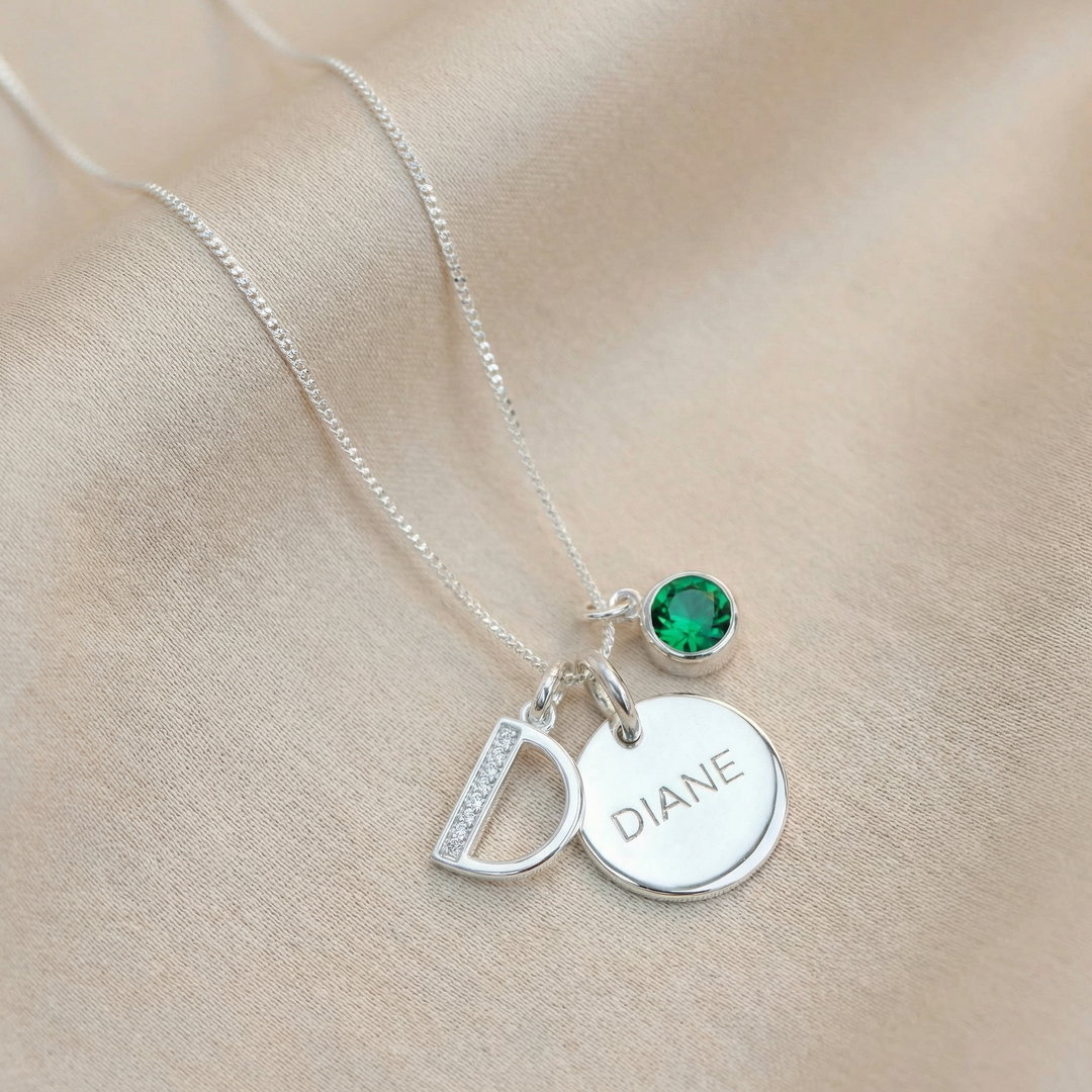 Personalised Name Necklace with Birthstone & Initial Letter Charms