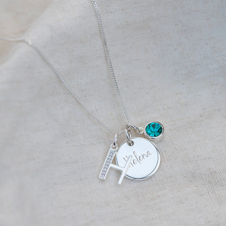 Personalised Name Necklace with Birthstone & Initial Letter Charms