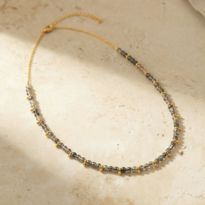 Black Rutilite Gemstone Gold Necklace
