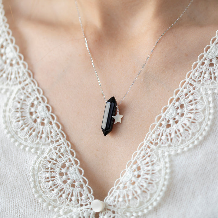 Black Tourmaline Point Pendant Necklace with Star