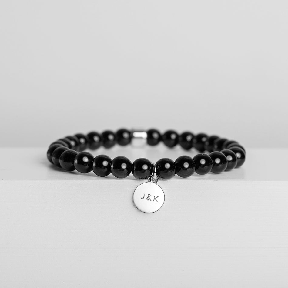 Black Tourmaline Bracelet with Engraved Sterling Silver Charm - Djuna Studios