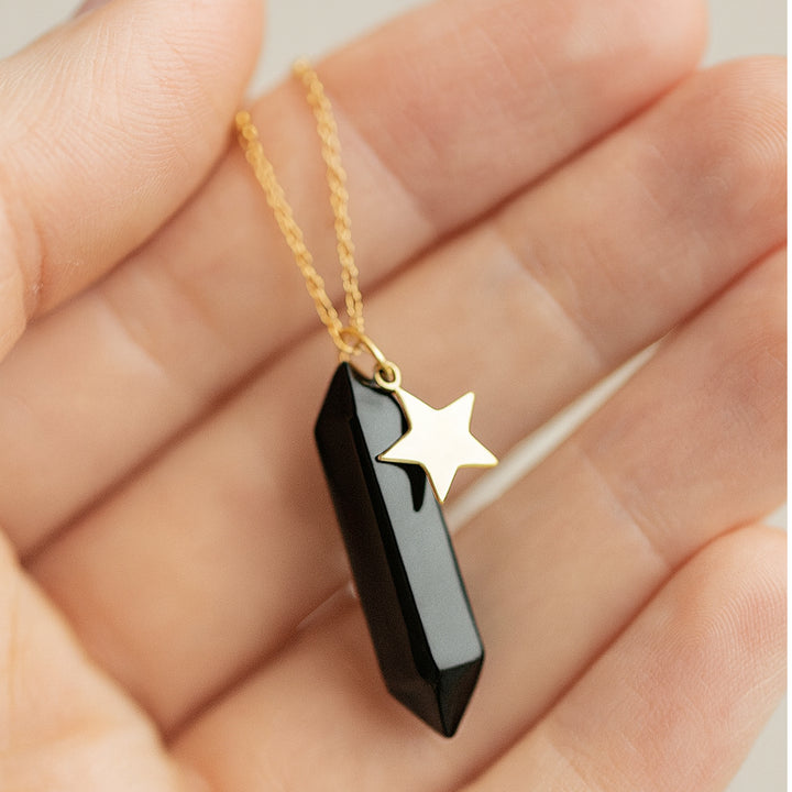 Black Tourmaline Point Pendant Necklace with Star