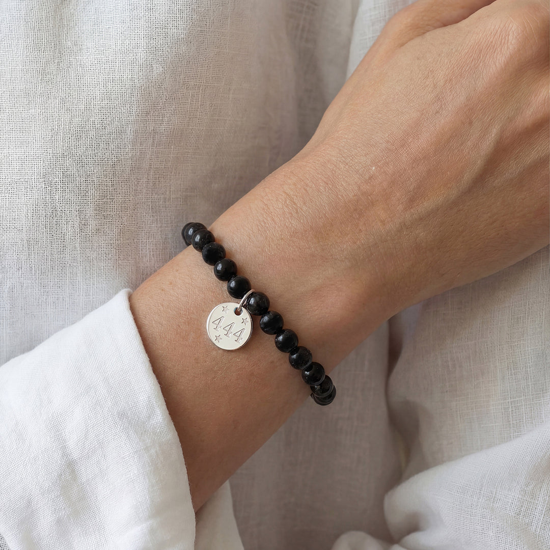 Angel Number 444 Black Tourmaline Bracelet – Sterling Silver Charm