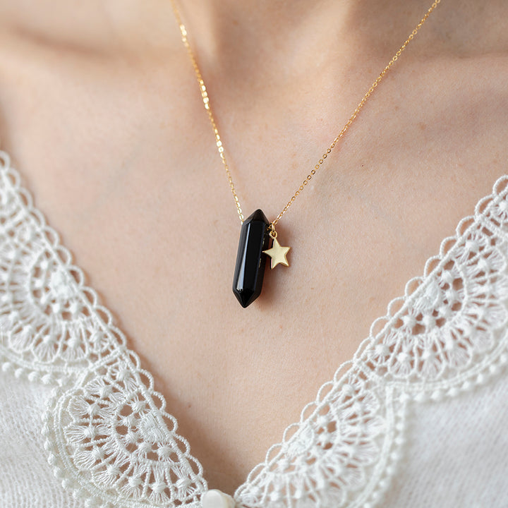 Black Tourmaline Point Pendant Necklace with Star