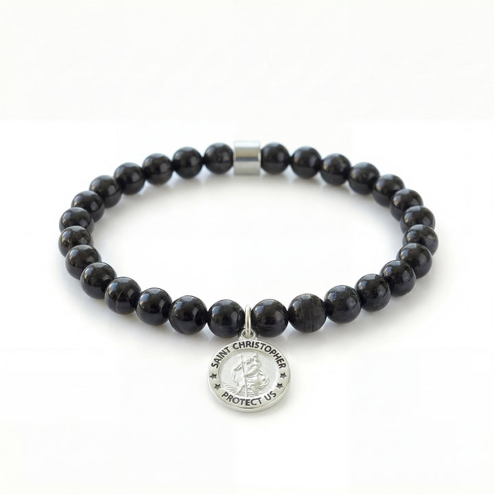 Black Tourmaline & Sterling Silver Saint Christopher Bracelet