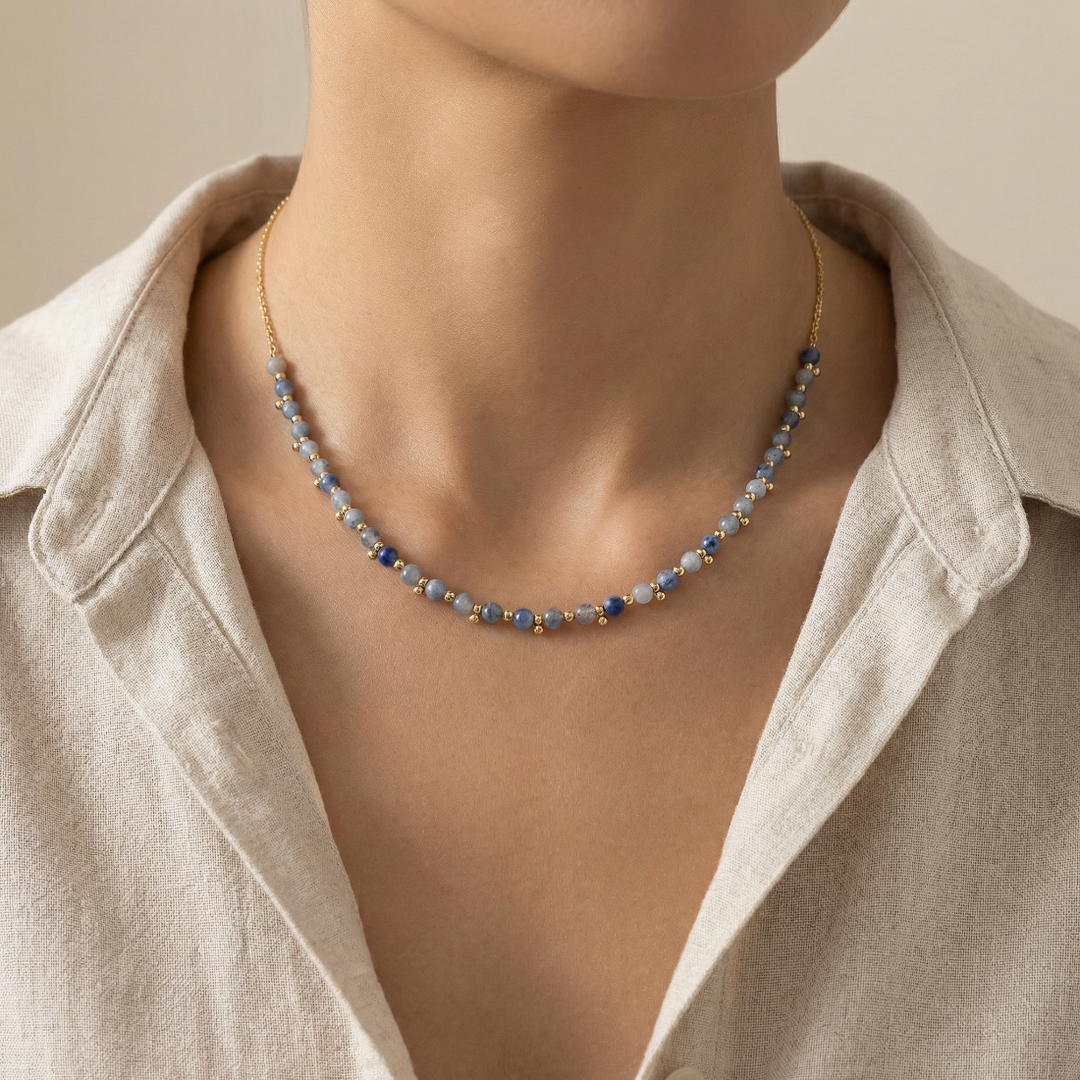 Blue Aventurine Beaded Necklace – Gold Accent Crystal Necklace