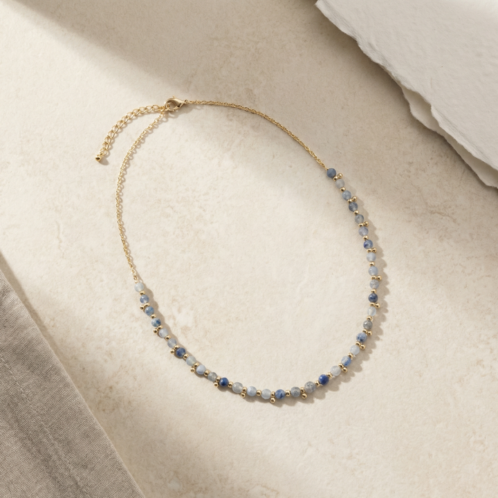Blue Aventurine Beaded Necklace – Gold Accent Crystal Necklace