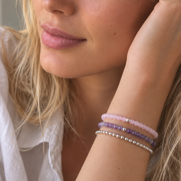 Rose Quartz Crystal Gemstone Bracelet – 4mm Beads with Sterling Silver Accent
